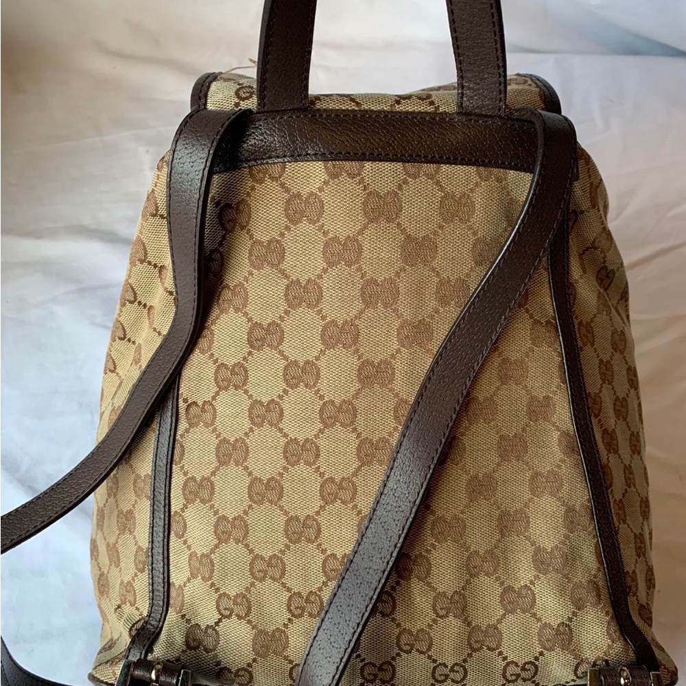 Gucci Beige GG Canvas Backpack with Brown Leather Trim